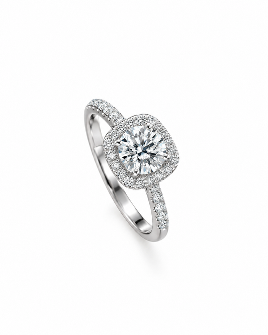 Cushion Halo Moissanite Ring — Sterling Silver Solitaire